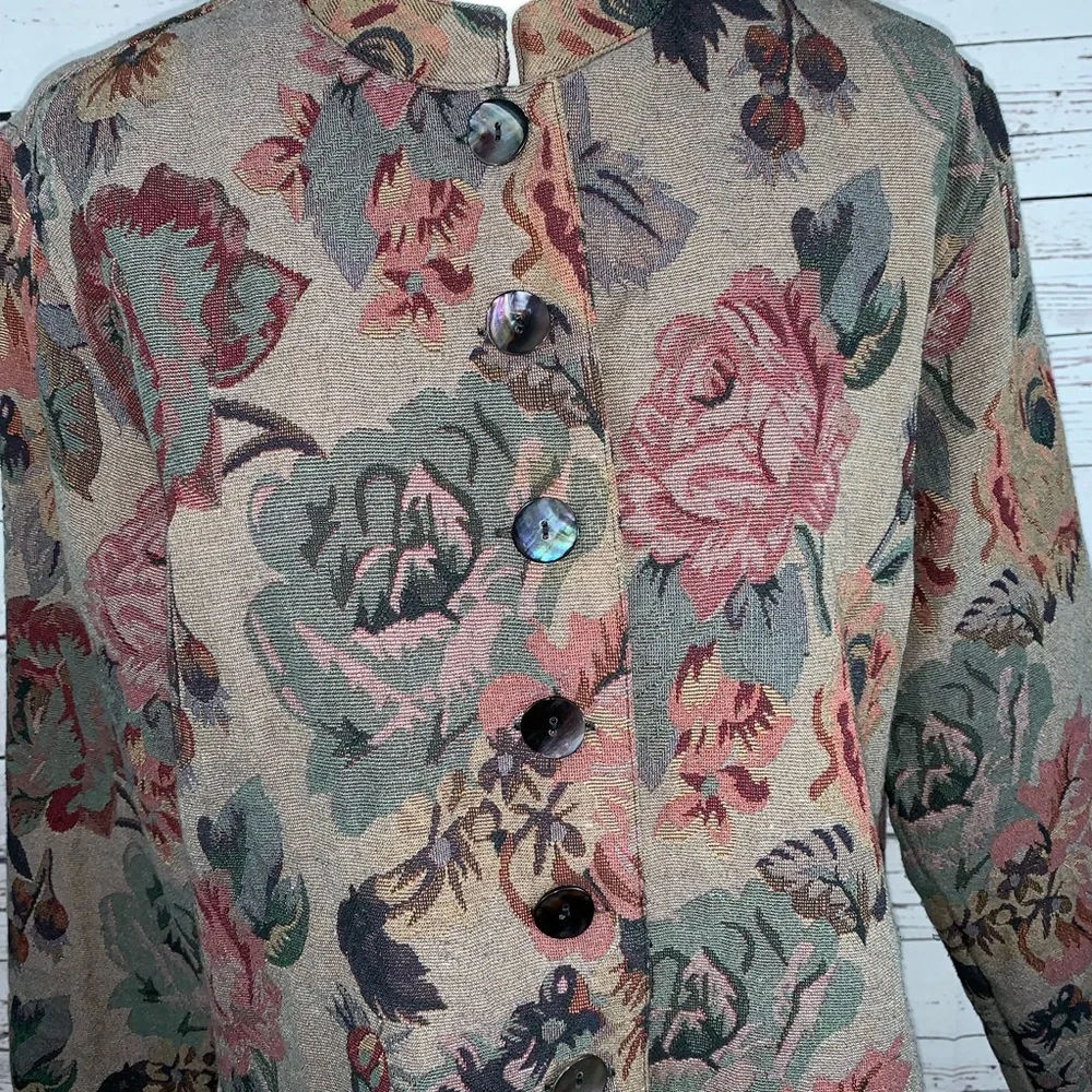 Chico's Floral Tapestry Button-Front Jacket in Taupe with Rose & Sage Accents - Picture 4 of 6